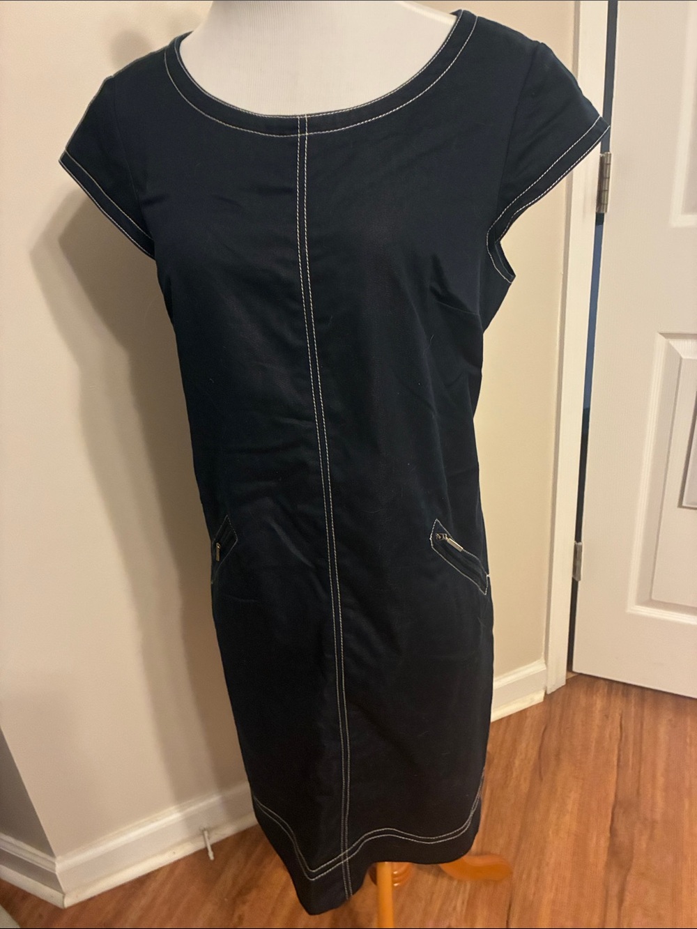 R&K Denium Blue Cap-Sleeve Shift Dress with White Contrast Stitching